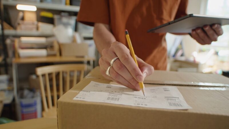 Hands preparing a sealed shipping box during inventory intake, focusing on careful handling and verification