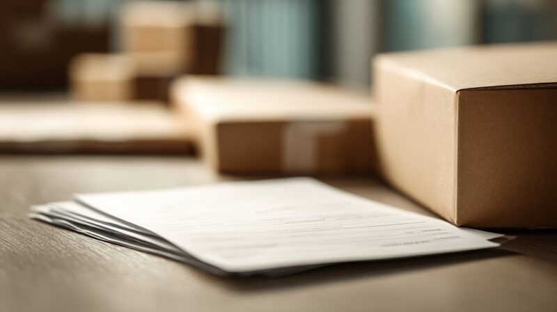 Shipping boxes placed beside supporting documents on a work surface, representing controlled inventory flow