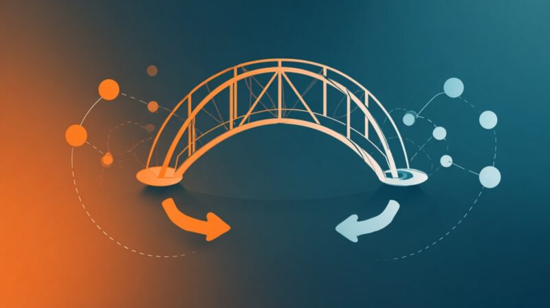 Illustration of a bridge with connected nodes and arrows representing digital workflows and integration