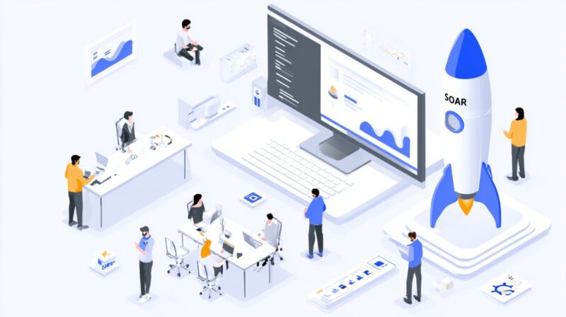 Illustration of a digital workspace with people, computers, and a rocket labeled SOAR