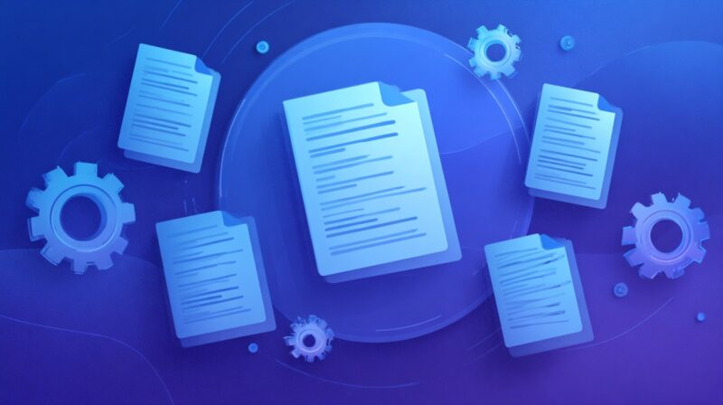 Abstract illustration of floating documents and gears on a blue digital background